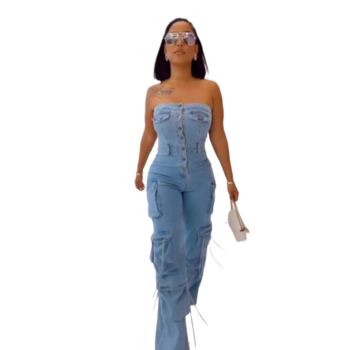 Denim Tube Top Multi-Pocket Workwear Jumpsuit