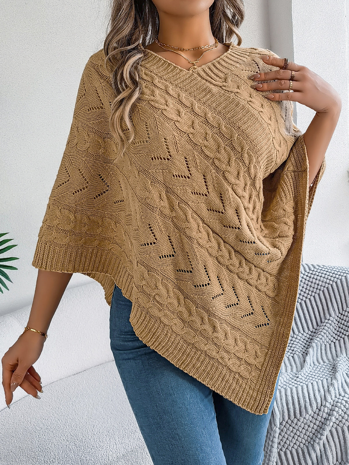 Casual Solid Color Cable Knit Loose Poncho Sweater Coat