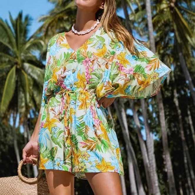 Chic V-Neck Printed Tie-Waist Jumpsuit for Women