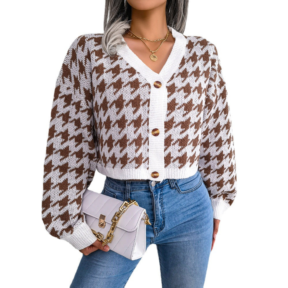 Chic Check Lantern Sleeve V-Neck Cardigan Sweater