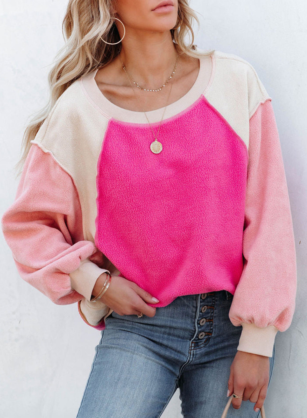 Cozy Colorblock Fleece Lantern Sleeve Pullover Top