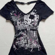 Slim-Fit Retro Rivet V-Neck Shirt – Chic Short Sleeve