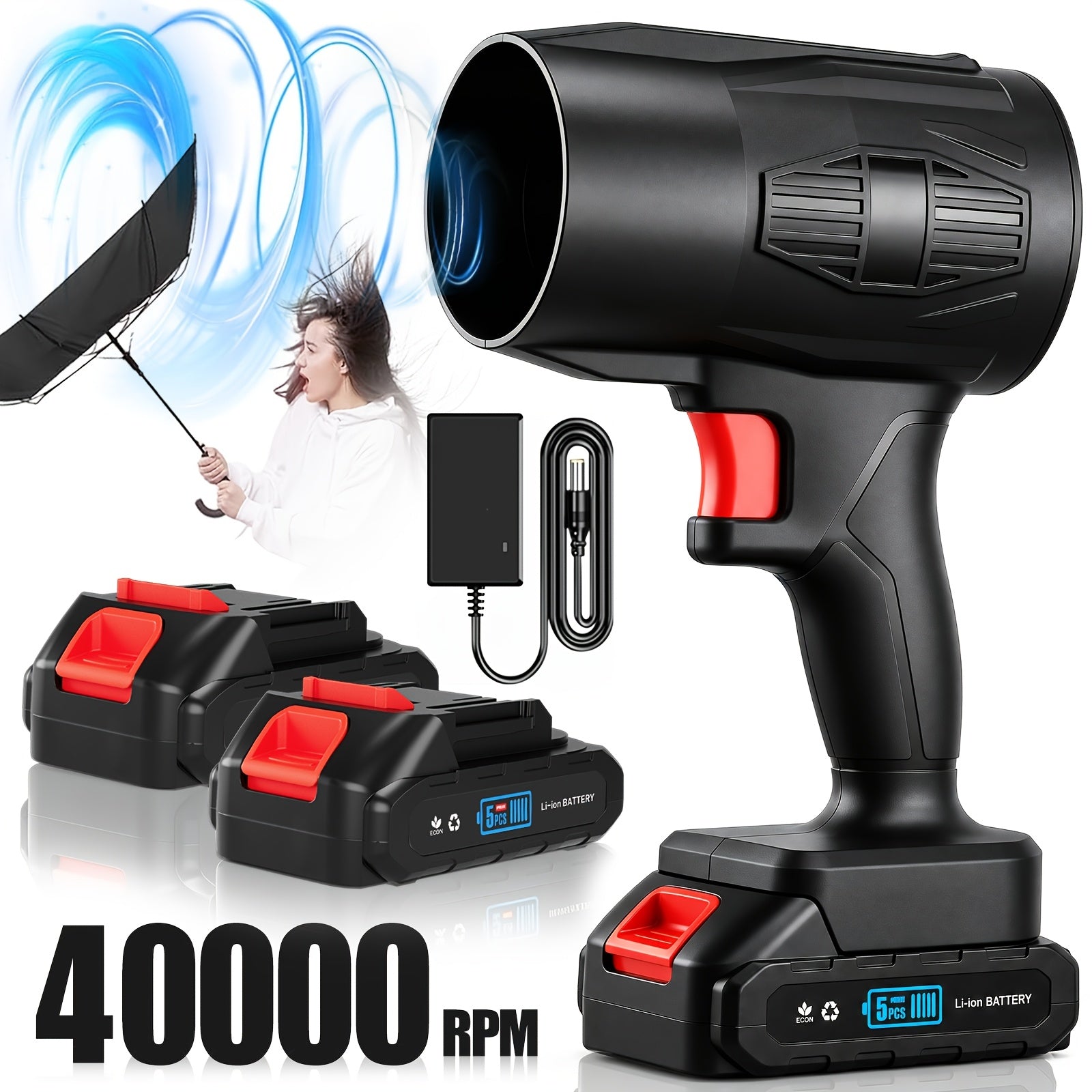 21V Cordless Turbo Jet Handheld Blower with 40000 RPM Motor, Battery and Charger – Adjustable Speed