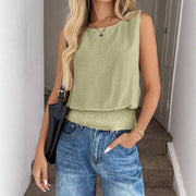 Women's Sleeveless Crew Neck Vest Top – Casual Pleated Hem