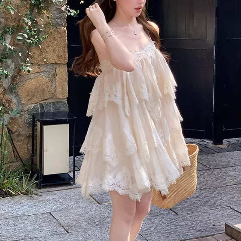 French Lace Backless Fairy-like Tiered Dress
