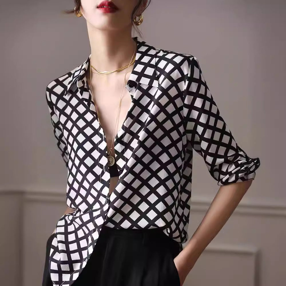 Womens Retro High-End Silk Satin Black And White Plaid Shirt