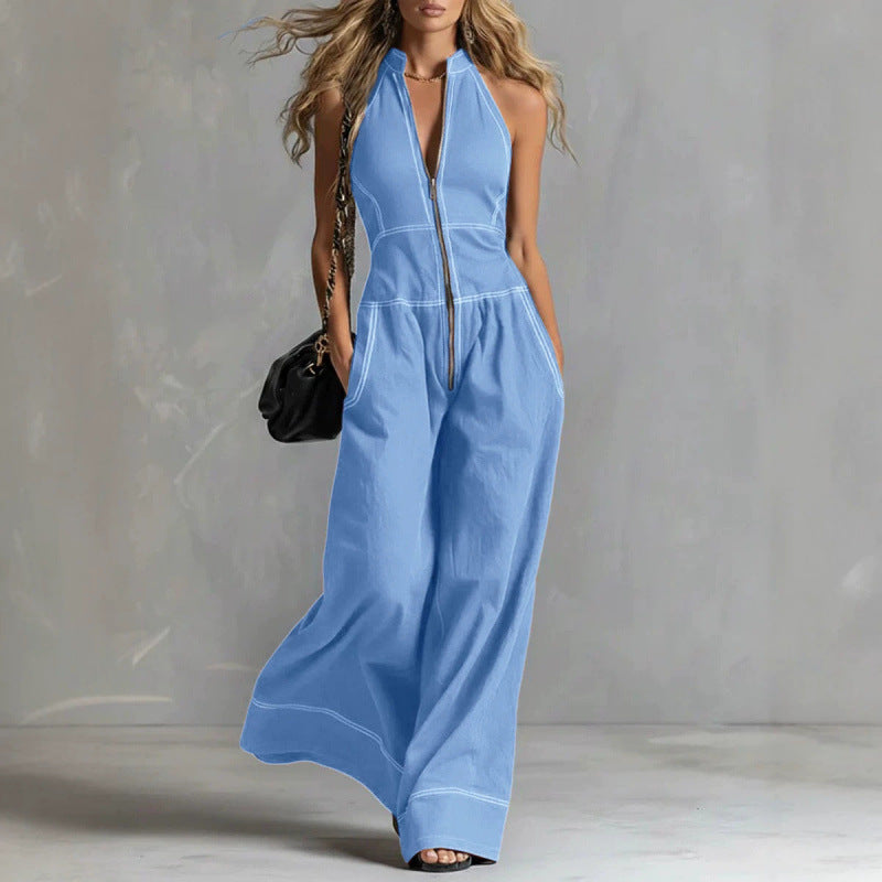 Chic Sleeveless Casual Stand-Up Collar Loose Jumpsuit