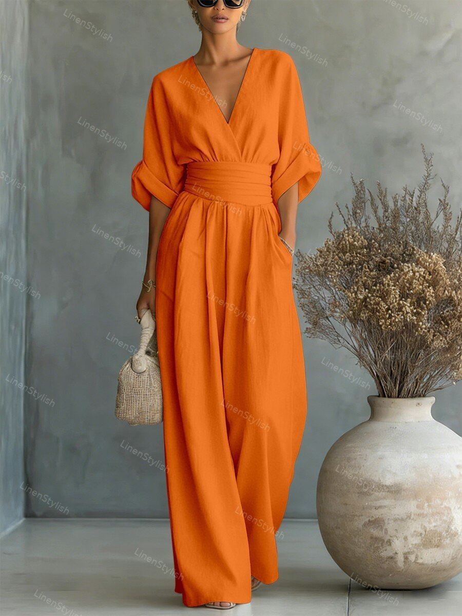 Elegant V-Neck Wide-Leg Waist-Cinching Jumpsuit