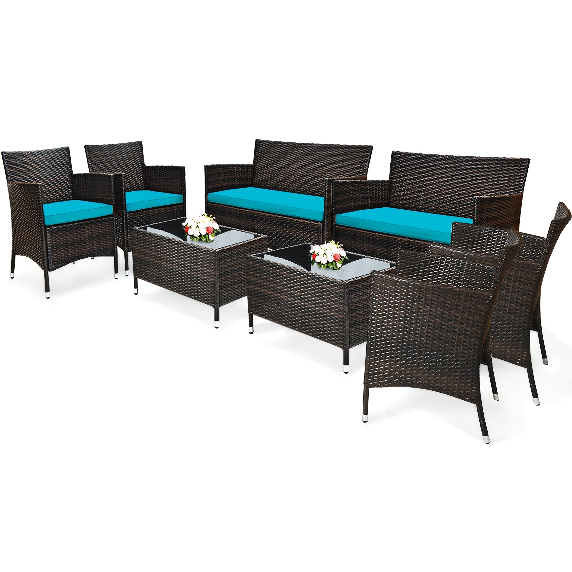 [Patio Furniture Set] 4pcs/8pcs Patio Furniture Set W/Washable Cushions And Tempered Glass Coffee Table