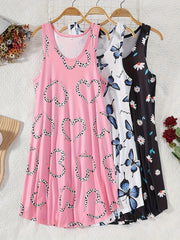 3pcs Women'S Plus Size Sleepwear Set - Casual Nightgowns with Cartoon Hearts & Butterflies, Lightweight Stretch Fabric, Perfect for Fall, Autumn Nightwear|Playful Print Design|Lightweight Fabric