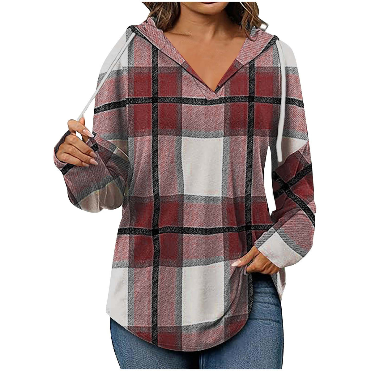Hooded Pullover V-neck Adjustable Drawstring Casual Plaid Long Sleeve