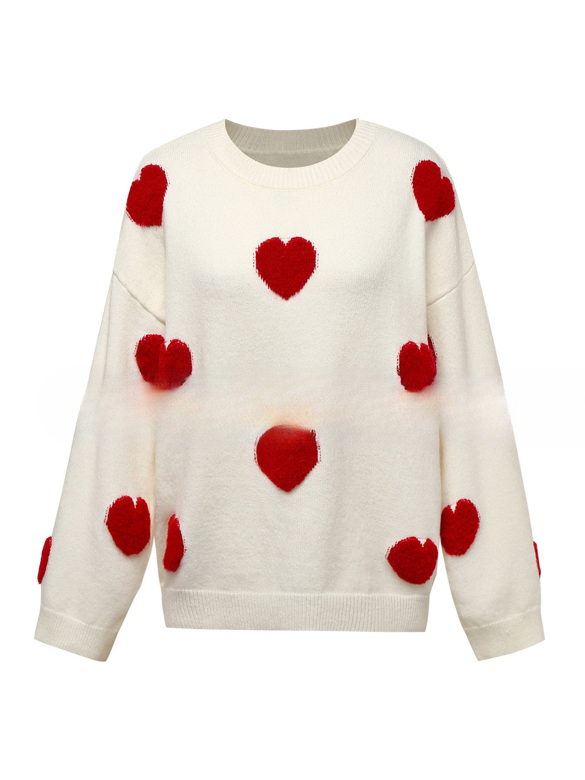 Women's 3d Jacquard Heart Pullover Sweater with Long Sleeves and Light Stretch