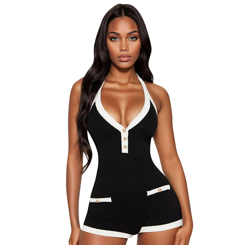 Contrast V-Neck Backless Lace-Up Halter Romper