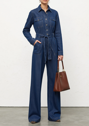 Denim Tie Long Sleeve Jumpsuit