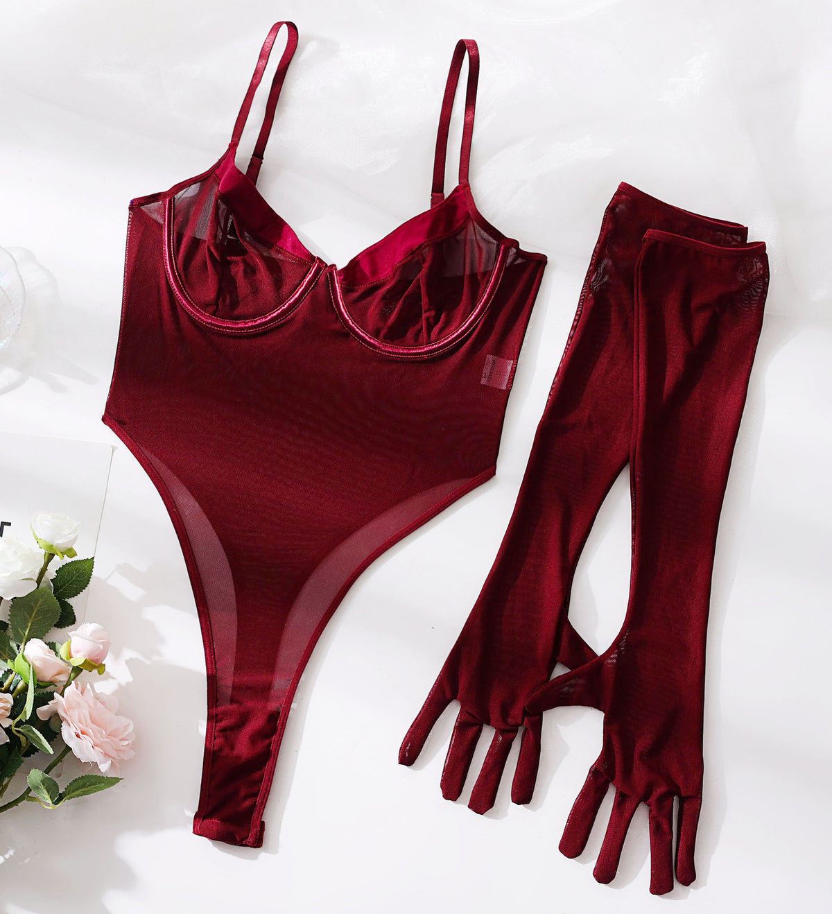 Seductive Lace Mesh Jumpsuit with Gloves