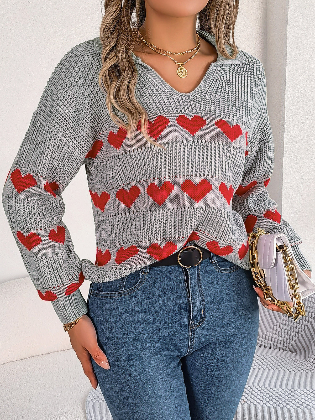 Women Casual V-neck Lantern Sleeve Color Block Heart Pullover Sweater