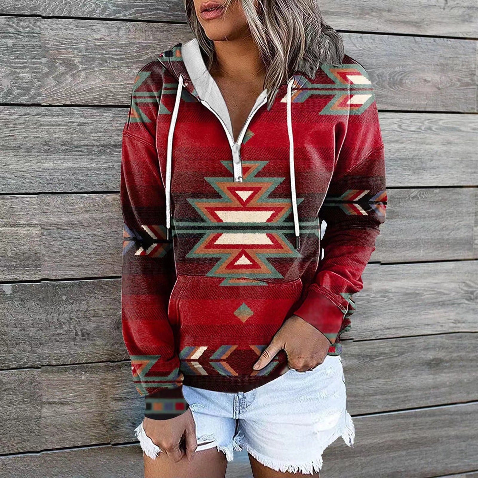 Ethnic Tribal Geometric Print Zip Hoodie