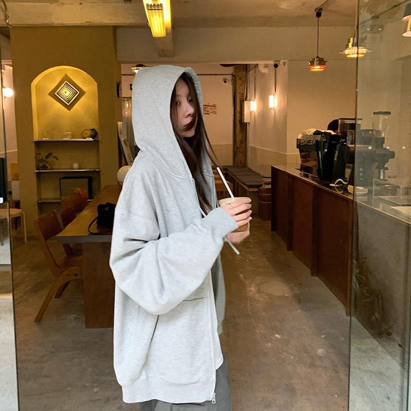 Women's Grey Zip-Up Hooded Cardigan Loose Sweater
