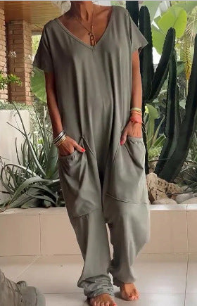 Oversized V-Neck Pocket Jumpsuit Casual Romper