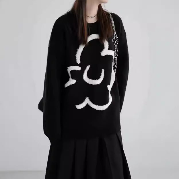 Cozy Black Ribbed Knit Pullover Sweater for Women
