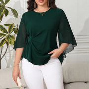 Plus‑Size Chiffon Petal‑Sleeve Tee – Slim Fit, Dark Green