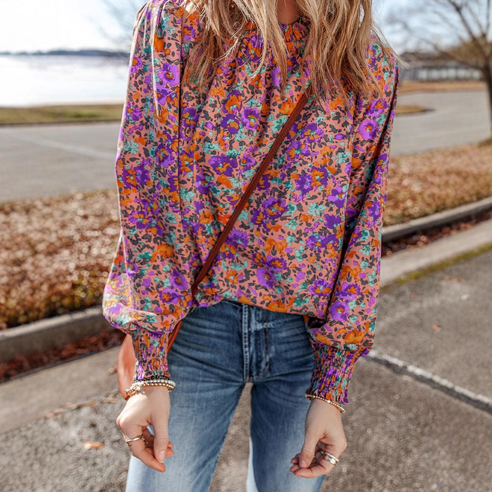 Floral Print Chiffon Blouse Womens Ruffle Hem Pullover Top