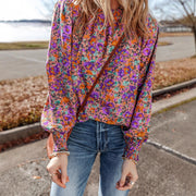 Floral Print Chiffon Blouse Womens Ruffle Hem Pullover Top