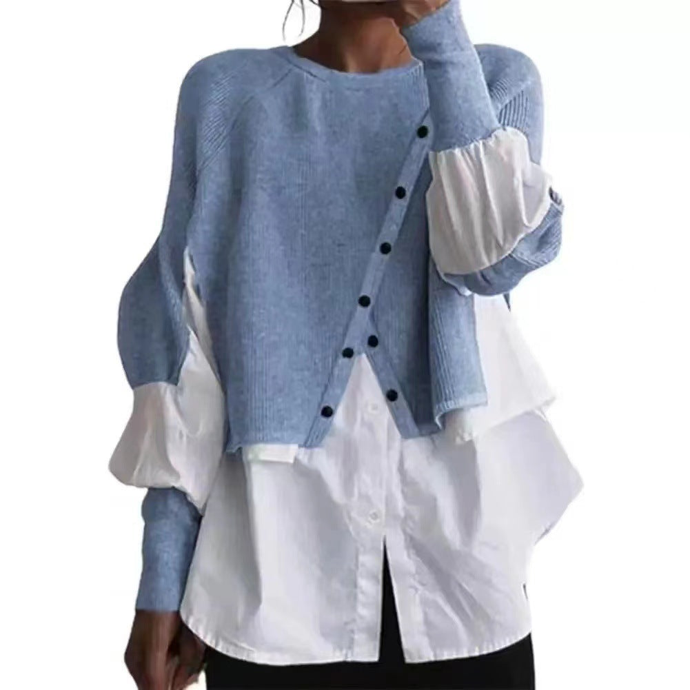 Autumn and Winter Pullover Women's Stitching Shirt Fake Two-piece Fashion