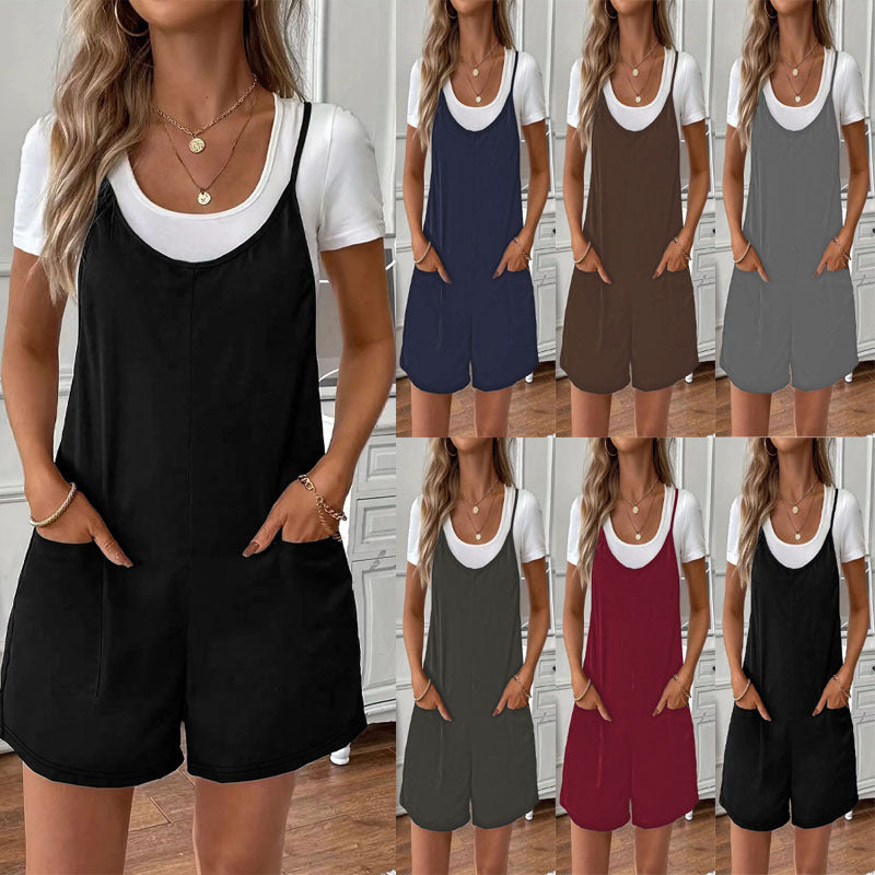 Casual Fake Two-Piece Spaghetti Strap Pocket Jumpsuit Romper