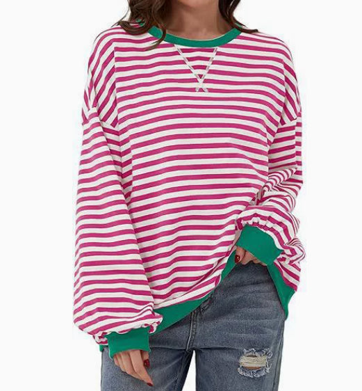 Casual Striped Round Neck Long Sleeve Slim Pullover Top