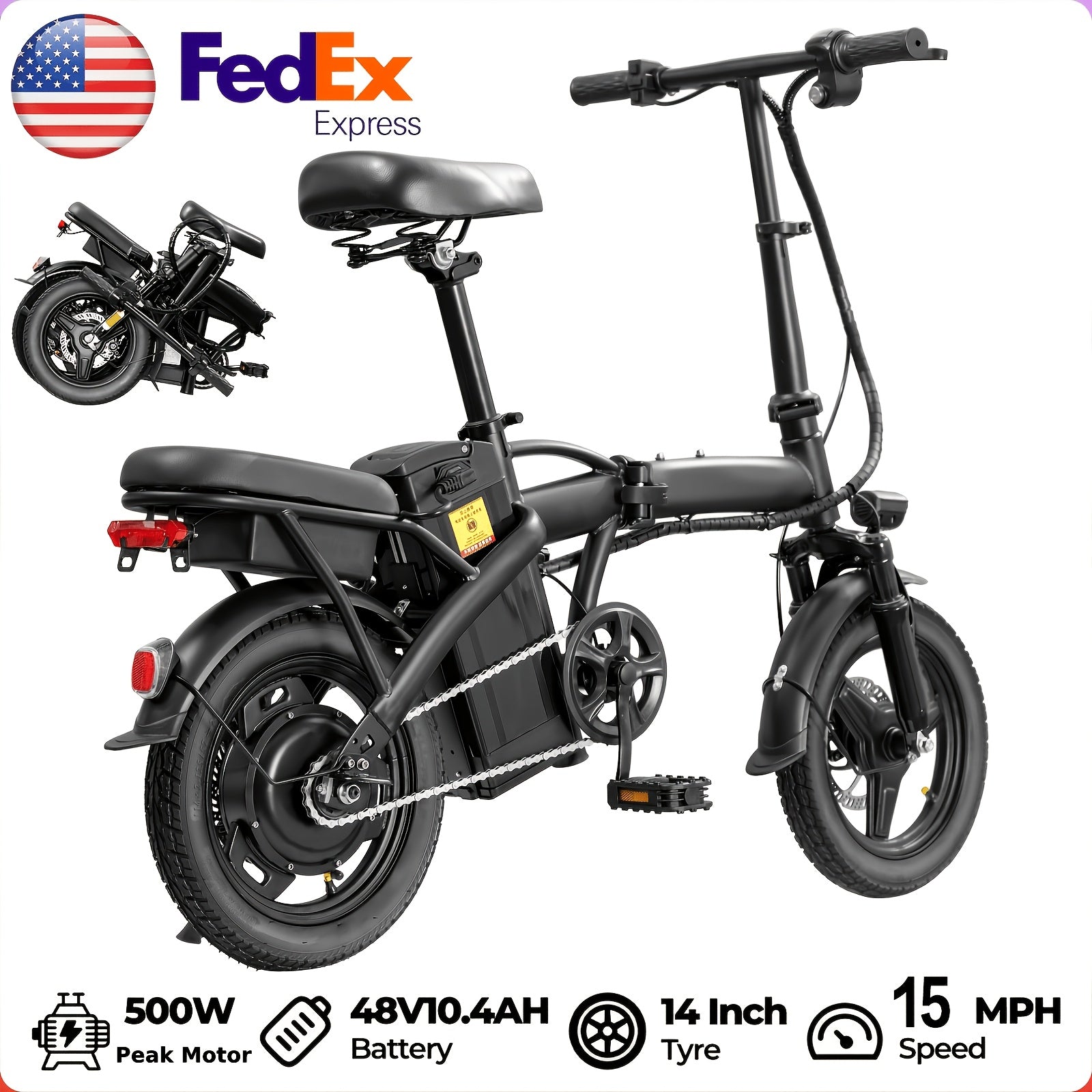 14-Inch Foldable Electric Bike with 500W Motor
