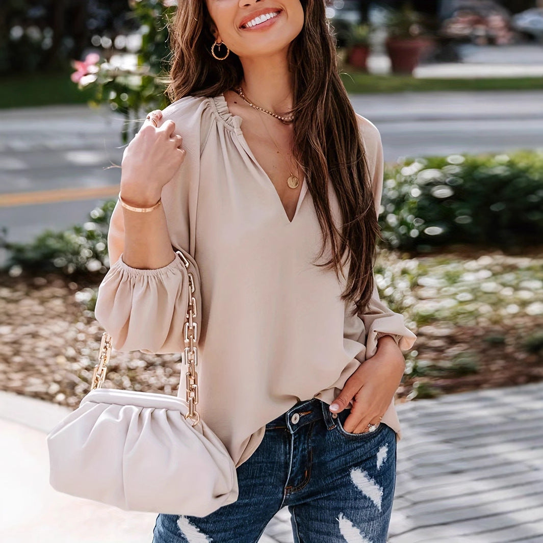 Elegant V-Neck Long Sleeve Shirt – Loose Fit, Solid Khaki