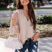 Elegant V-Neck Long Sleeve Shirt – Loose Fit, Solid Khaki