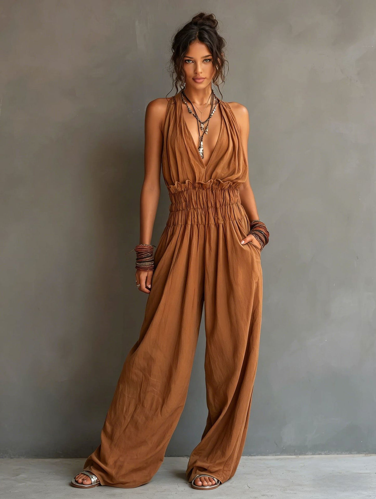 Halter V-Neck Waist-Cinching One-Piece Jumpsuit