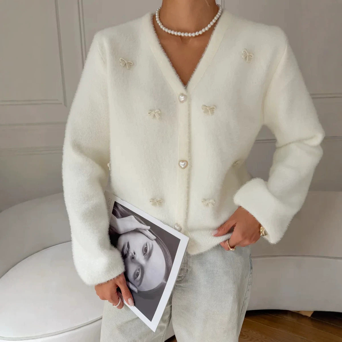 Mink-velvet-look Cardigan Sweater Top
