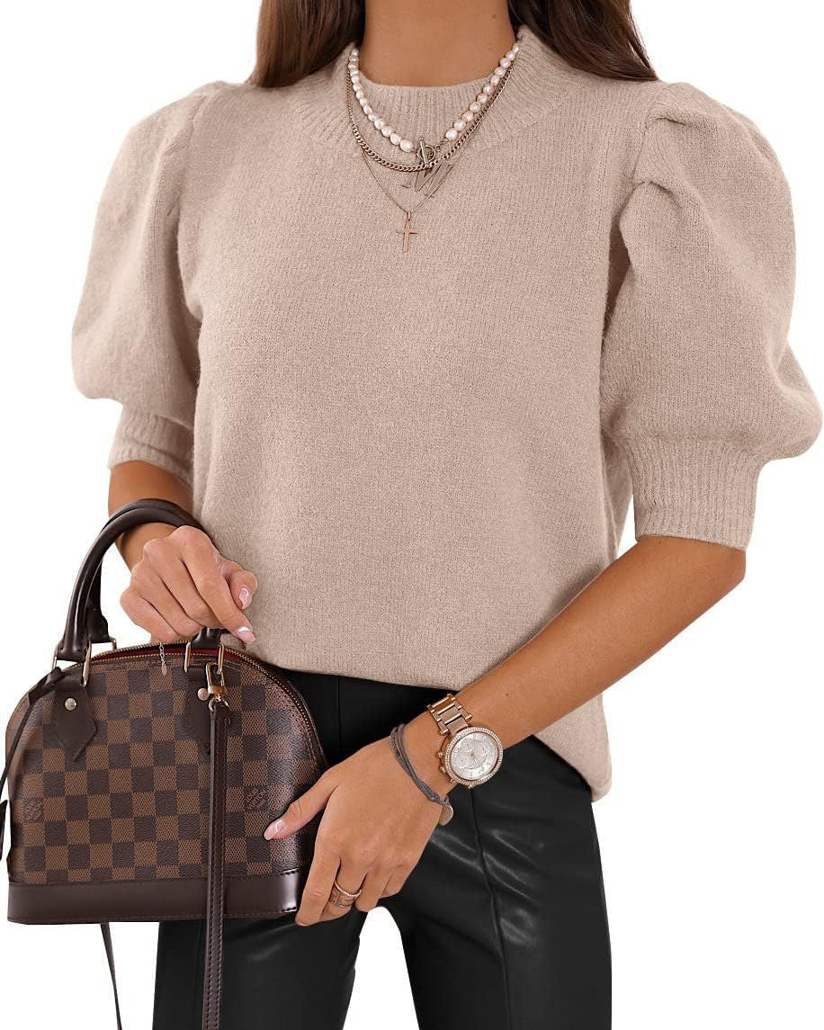 Half Turtleneck Lantern Sleeve Sweater Short Sleeve Pleated Sweater