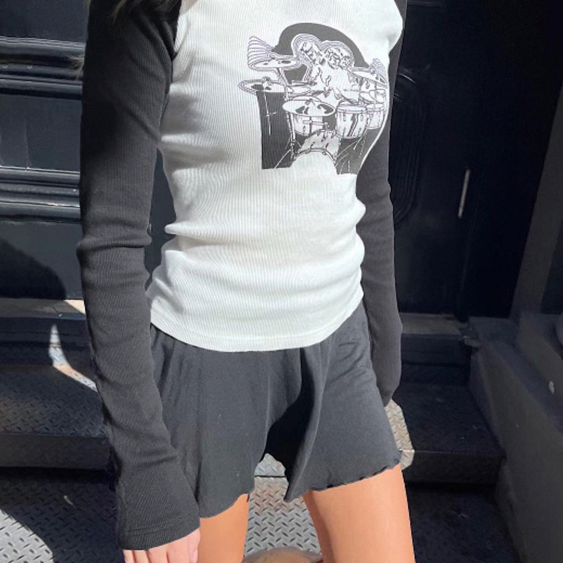 Women's Printed Ribbed Raglan Contrast T-Shirt