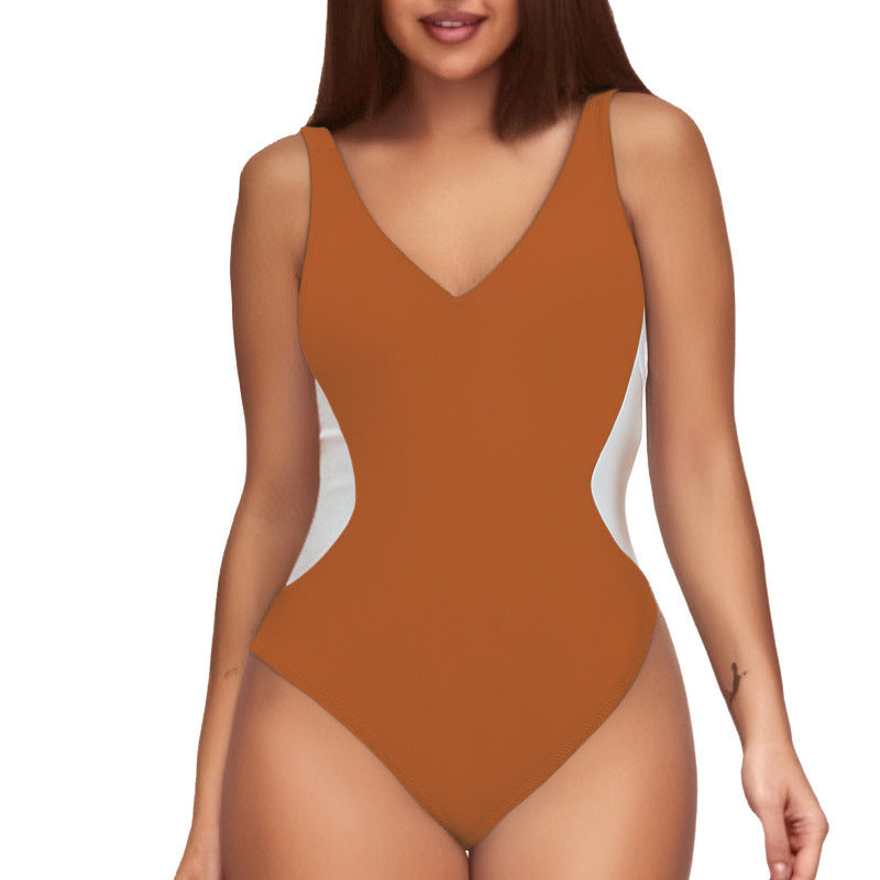 Women's One-piece Deep V Contrast Color Swimsuit