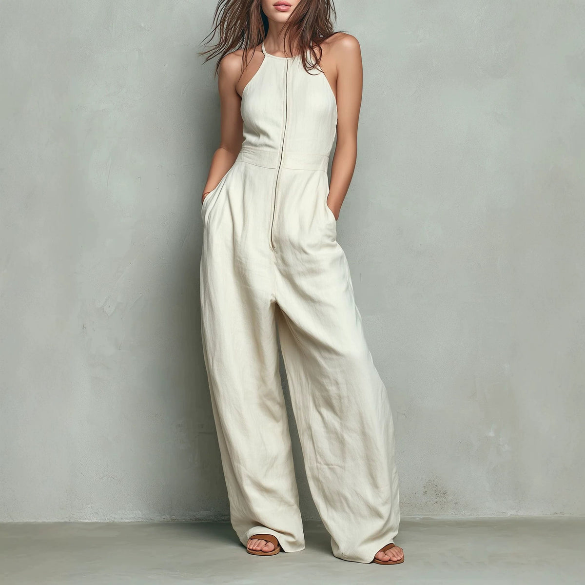 Women's Solid Zip-Front Backless Wide-Leg Jumpsuit