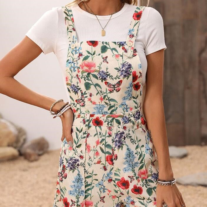 Women's Plant Print Button Corduroy Jumpsuit