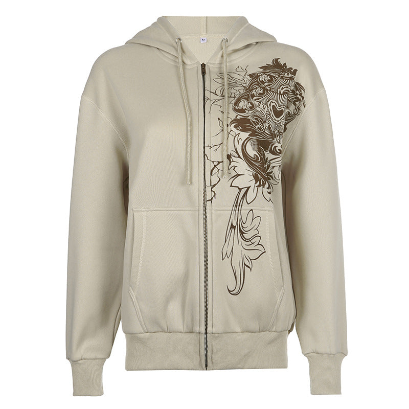 Retro Print Loose Hooded Cardigan Coat