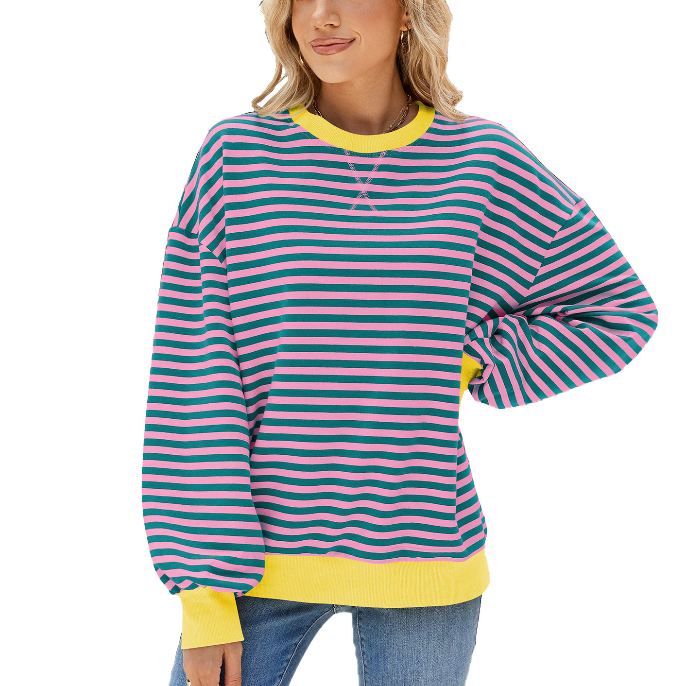 Women's Striped Round Neck Loose Long Sleeve Sweatshirt