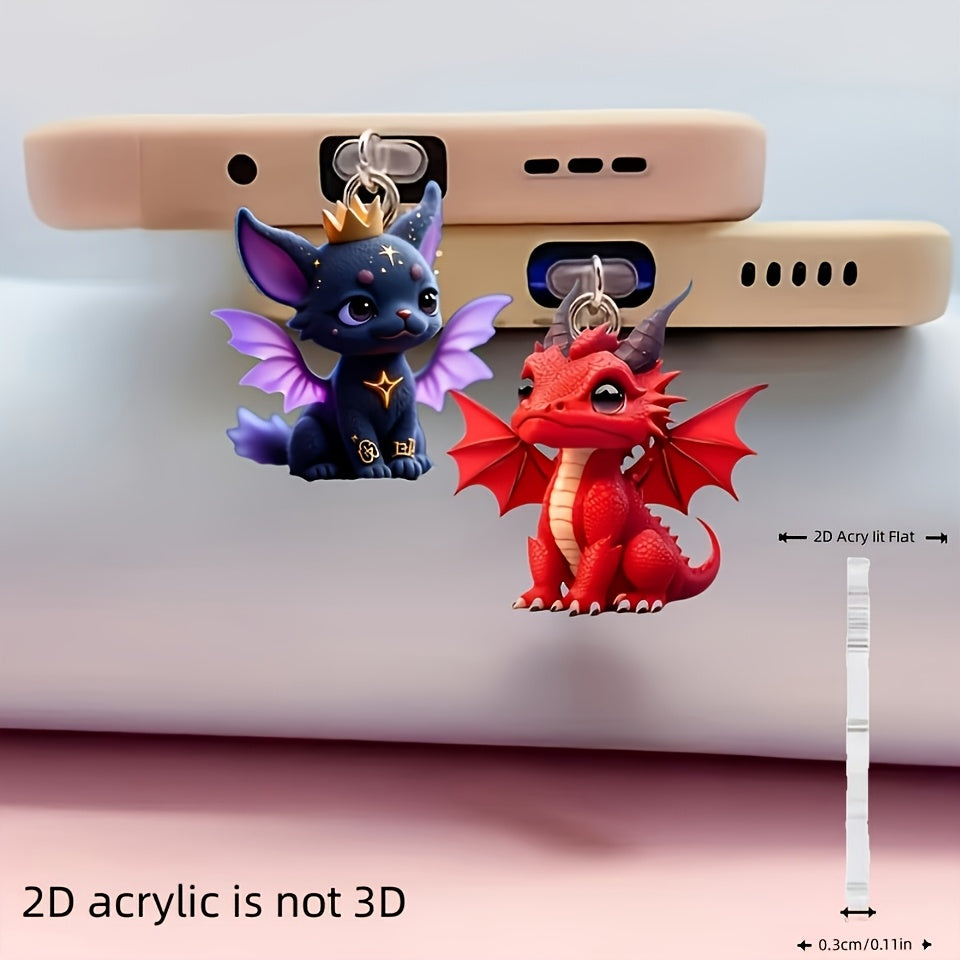 2‑Piece 2D Flat Acrylic Phone Dust Cover Set with Fire Dragon Design – Universal Fit for iPhone, Type‑C and Android Devices
