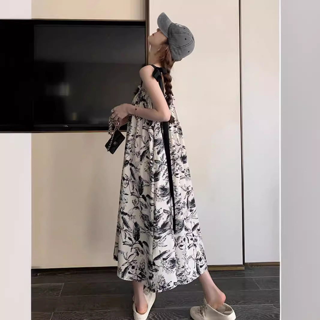 Floral-print Strap Casual Loose-fitting Tube Dress