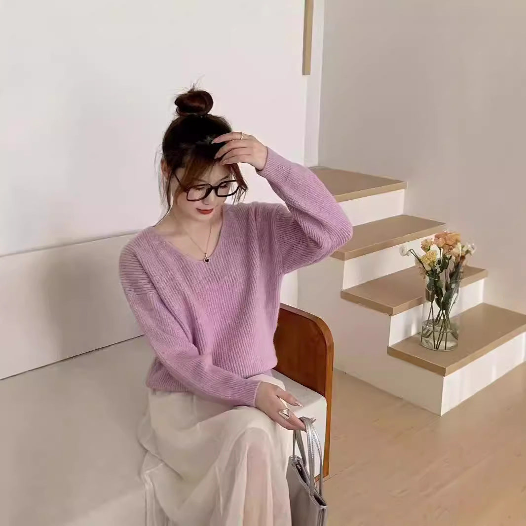 Womens Solid Color Long-sleeve V-neck Sweater
