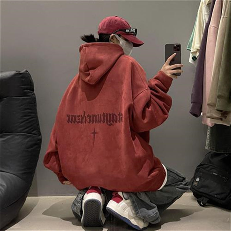 Plush Fleece Burgundy Suede Pullover Hoodie