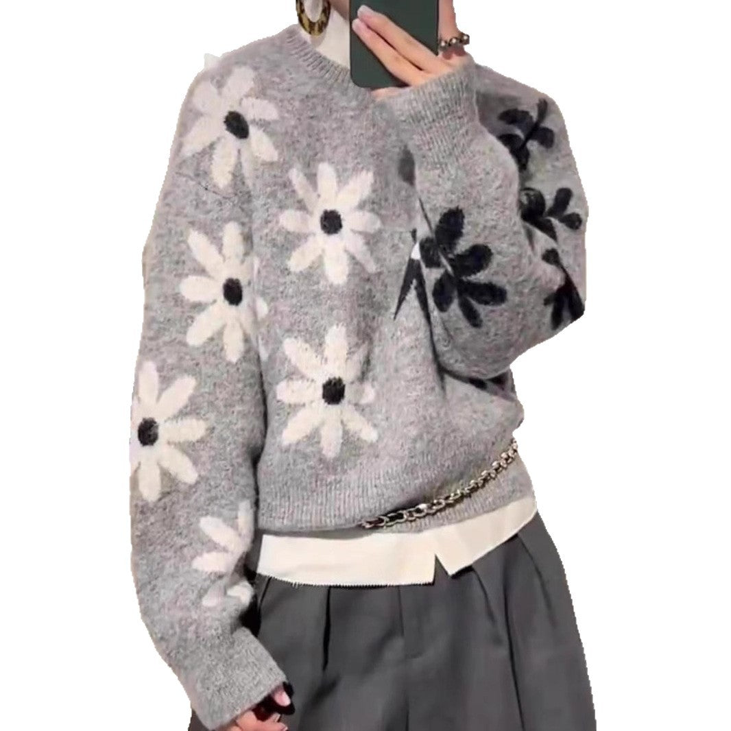 Round Neck Flower Western Style Soft Glutinous Loose and Lazy Style Pullover Sweater