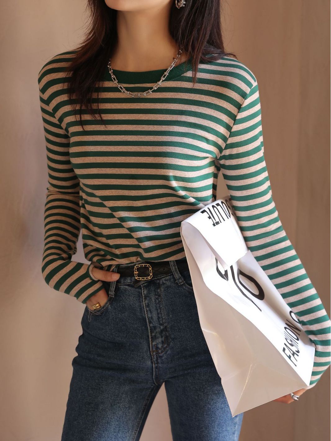 Women's Long Sleeve Striped Crewneck Top