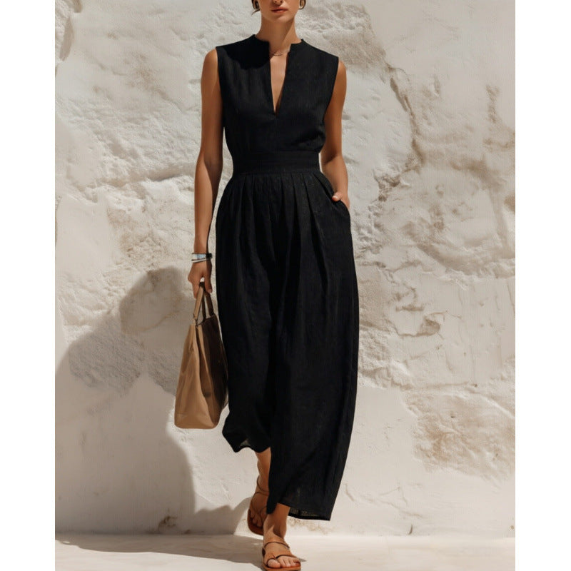 Sleeveless Pullover Solid-color High-waisted Loose-fitting Jumpsuit