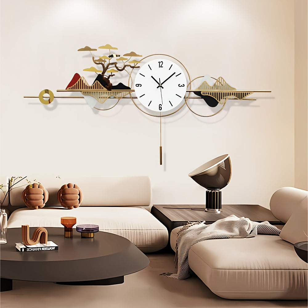 Large Golden 3D Metal Wall Clock, 46x13 Inch - Silent Pendulum, No-Ticking, Modern Decorative Art for Living Room, Bedroom, Kitchen, Office - Abstract Landscape Design with Sunburst Motif